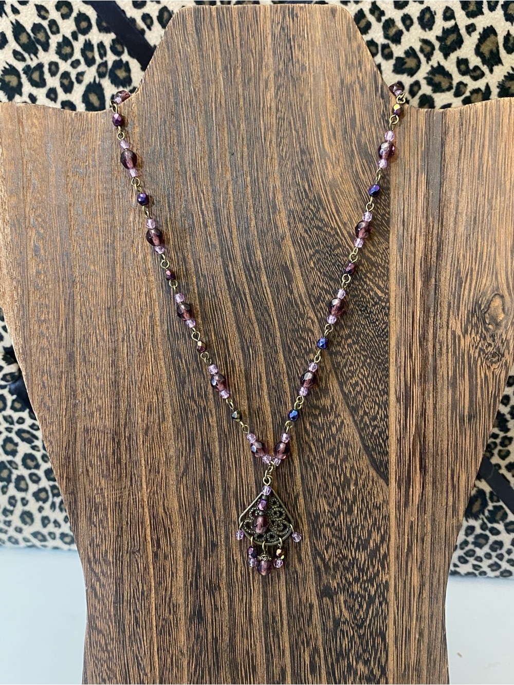 Vintage Purple Beaded Necklace Boho Filigree Antique Pendant
